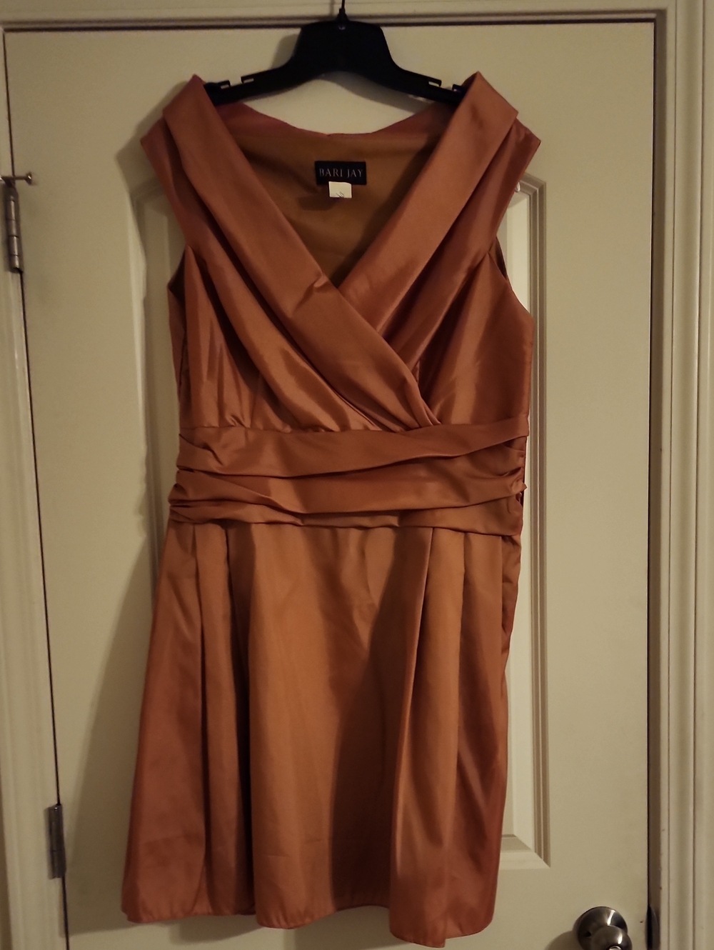 Bari Jay Orange-Tone Satin V-Neck Midi Dress